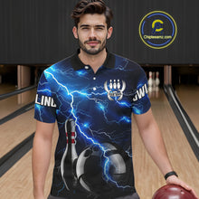 Load image into Gallery viewer, Blue Lightning Thunder Black Bowling Polo, Quarter zip Shirt for men custom storm bowling team jerseys NQS8386