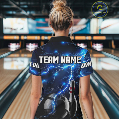 Blue Lightning Thunder Black Women Bowling Polo, Quarter zip Shirt custom storm bowling team jerseys NQS8386