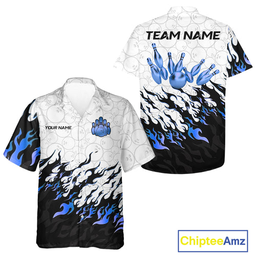Black and White Camo Bowling Hawaiian shirt Custom Bowling Team League Jerseys | Blue NQS10561