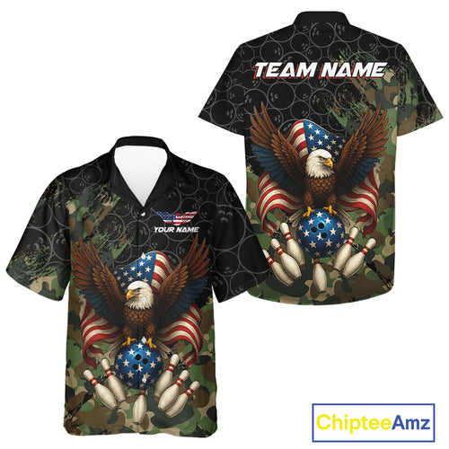 Black and Green Camo American Flag Eagle Bowling Hawaiian Shirt Custom Patriotic Team Bowling Jersey NQS10573
