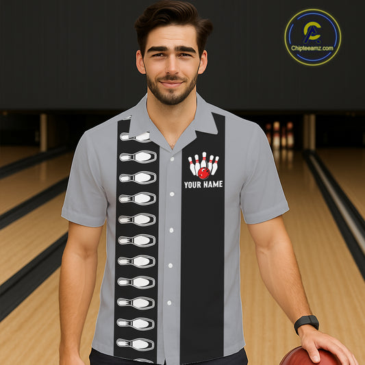 Black and Gray Retro Bowling Hawaiian Shirts Custom Vintage Bowling Team Button up shirt NQS11156