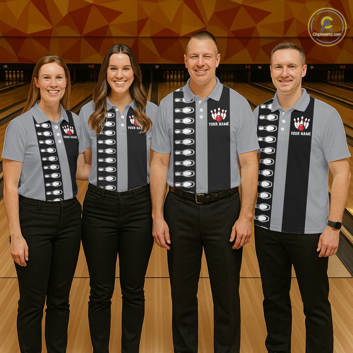 Black and Gray Retro Bowling Polo, Quarter Zip Shirts For Women Custom Vintage Bowling Team Jerseys NQS11156