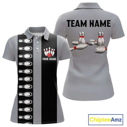 Black and Gray Retro Bowling Polo, Quarter Zip Shirts For Women Custom Vintage Bowling Team Jerseys NQS11156