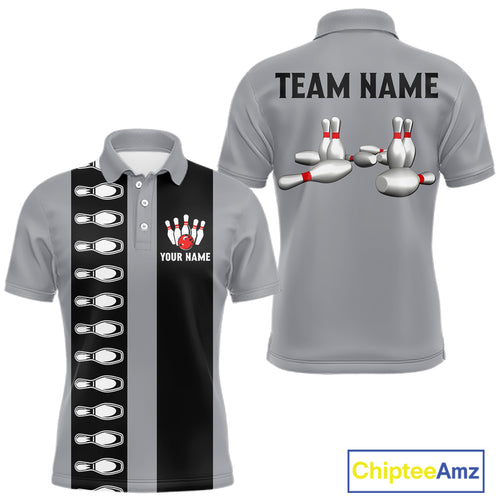 Black and Gray Retro Bowling Polo, Quarter Zip Shirts For Men Custom Vintage Bowling Team Jerseys NQS11156