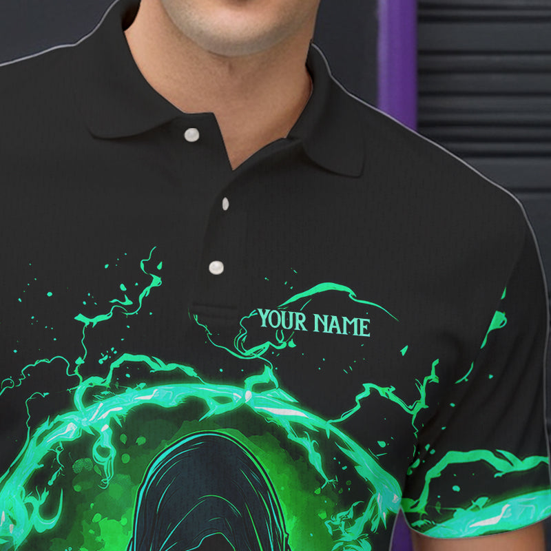 Load image into Gallery viewer, Black and Green Flame Skull Bowling Polo, Quarter Zip Shirt For Men Custom Skull Bowling Team Jerseys NQS9424