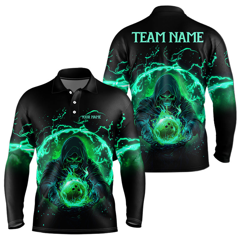 Load image into Gallery viewer, Black and Green Flame Skull Bowling Polo, Quarter Zip Shirt For Men Custom Skull Bowling Team Jerseys NQS9424