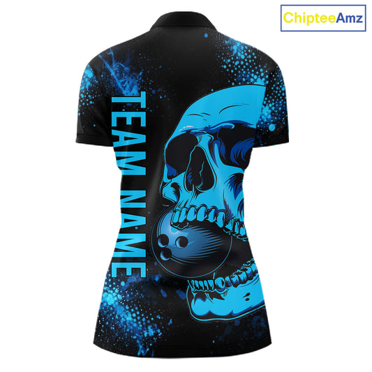 Black and Blue Skull bowling shirts for Women Custom Skull team bowling uniforms, bowling outfit NQS11573