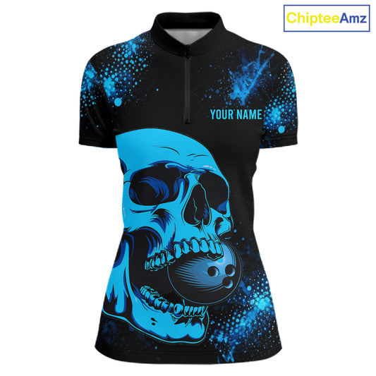 Black and Blue Skull bowling shirts for Women Custom Skull team bowling uniforms, bowling outfit NQS11573