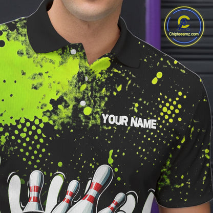 Black and Green Flame Skull Bowling Polo, 1/4 Zip Shirts for Men Custom Bowling Team League Jersey NQS11703