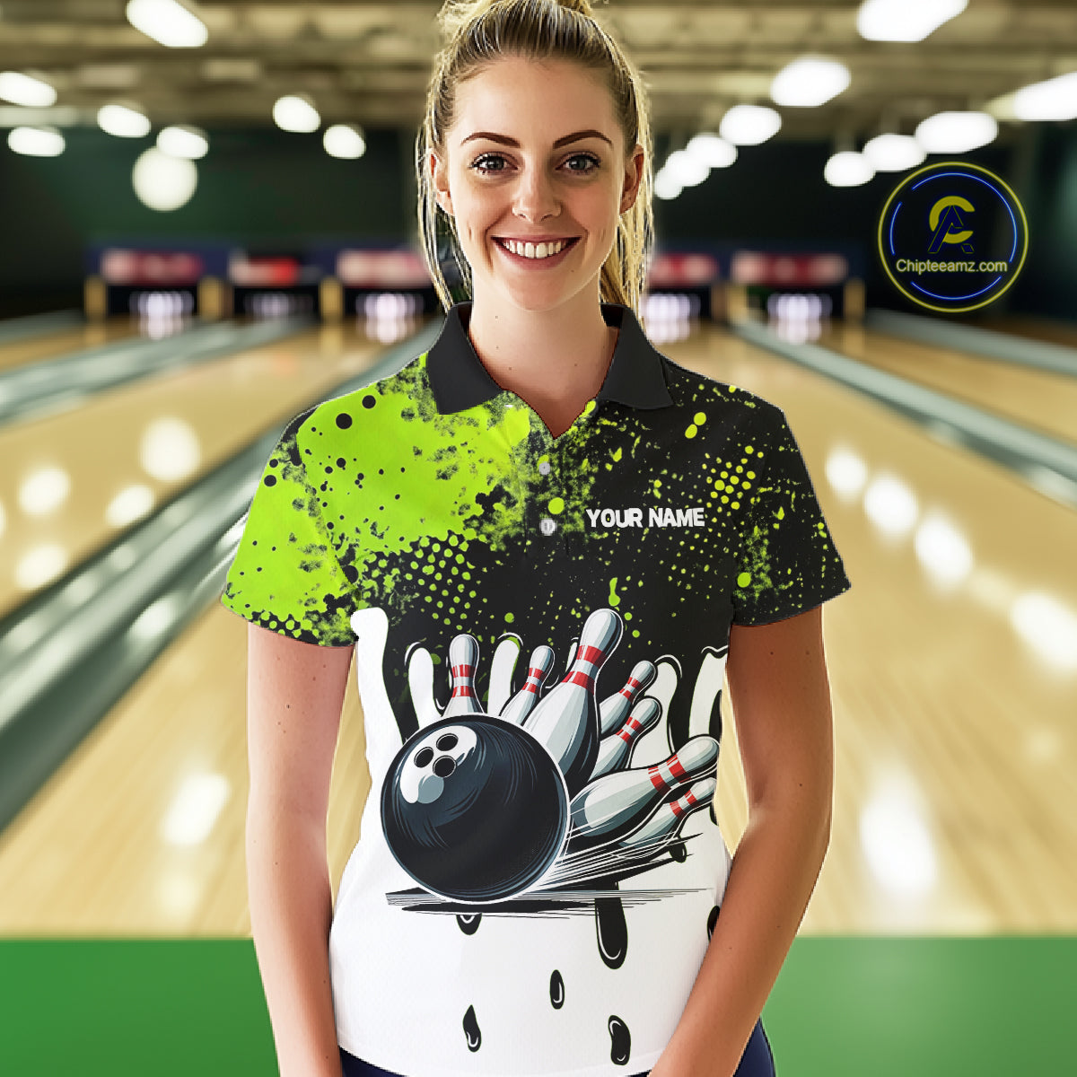 Black and Green Flame Skull Bowling Polo, 1/4 Zip Shirts for Women Custom Bowling Team League Jersey NQS11703