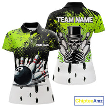 Load image into Gallery viewer, Black and Green Flame Skull Bowling Polo, 1/4 Zip Shirts for Women Custom Bowling Team League Jersey NQS11703