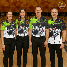 Load image into Gallery viewer, Black and Green Flame Skull Bowling Polo, 1/4 Zip Shirts for Women Custom Bowling Team League Jersey NQS11703