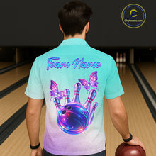 Load image into Gallery viewer, Custom Cyan Blue And Purple Glitter Butterfly Bowling Button-up Team Shirts, Bowling League Shirt NQS11704