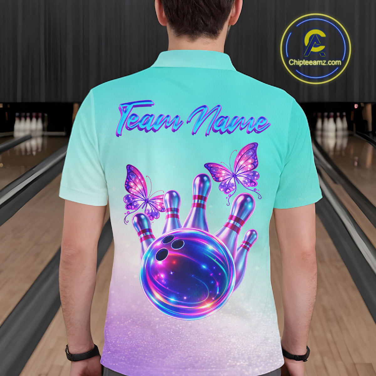 Custom Cyan Blue And Purple Glitter Butterfly Mens Bowling Team Shirts, Bowling League Shirt For Men NQS11704
