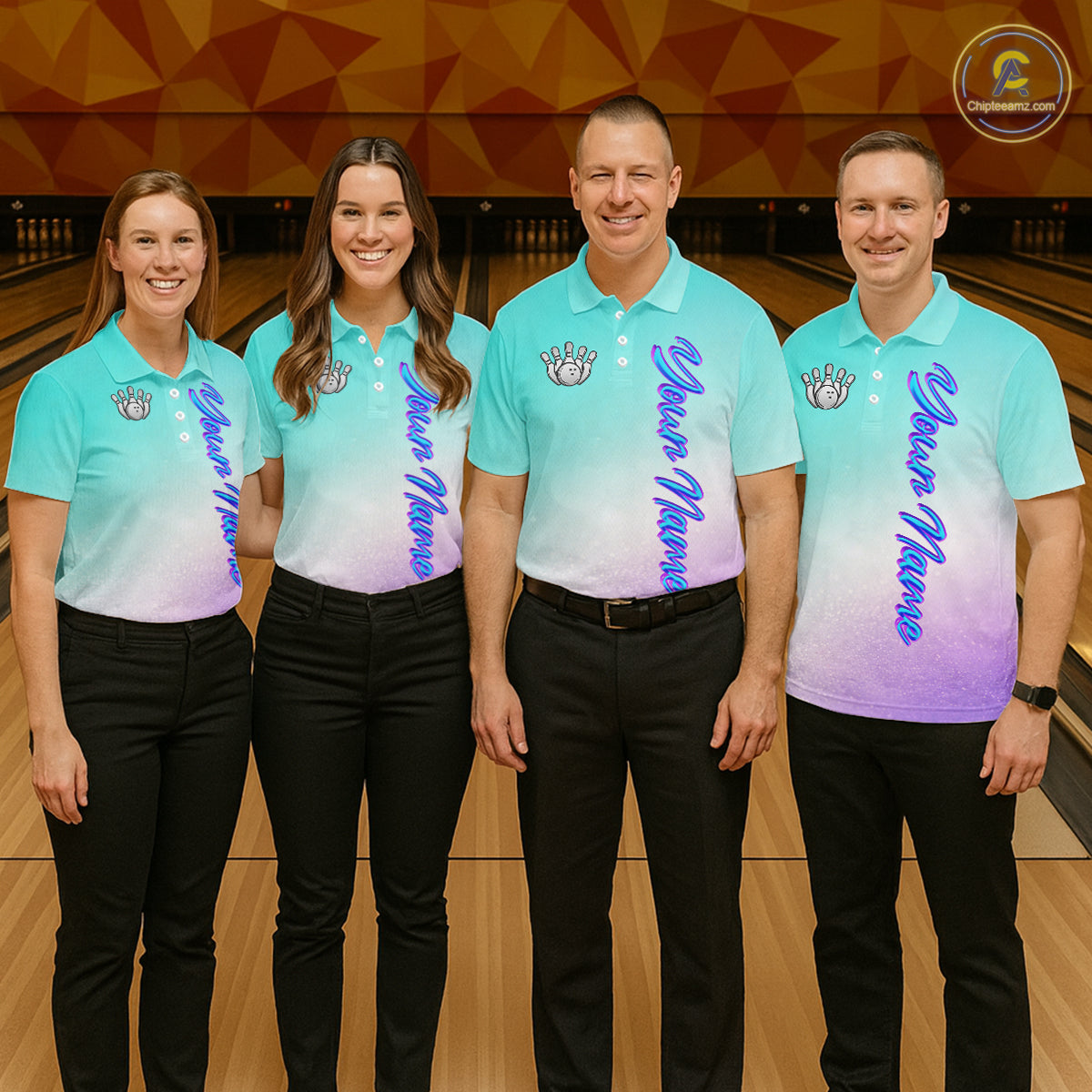 Custom Cyan Blue And Purple Glitter Butterfly Mens Bowling Team Shirts, Bowling League Shirt For Men NQS11704
