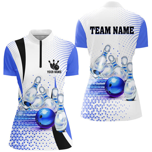 Womens bowling Quarter Zip shirt Custom bowling ball pins bowling team shirts, gifts for bowlers| Blue NQS7393