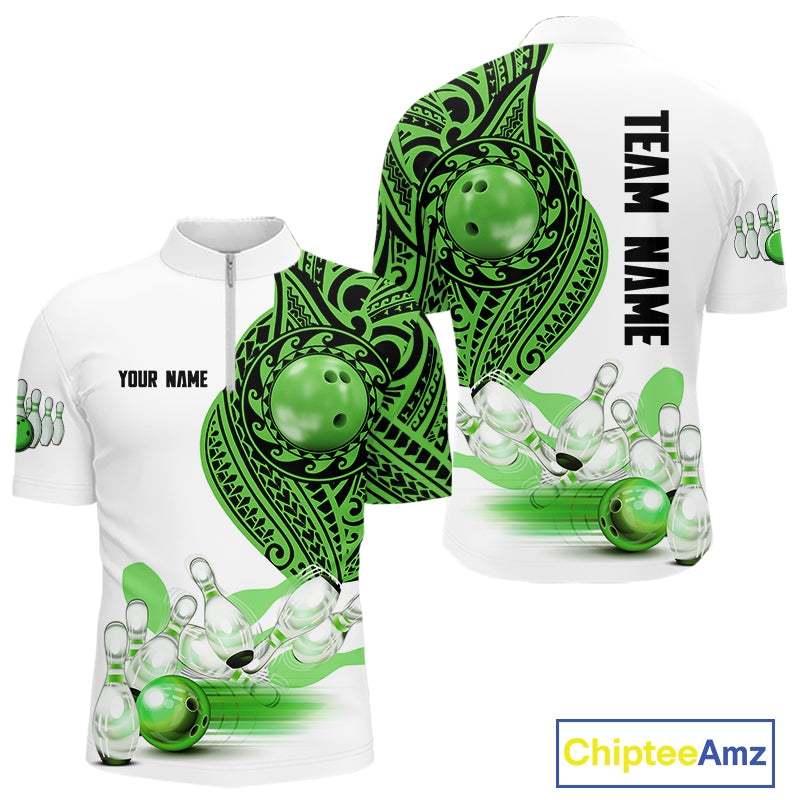 Green and White Tribal pattern Mens Bowling Shirts Custom Bowling outfit men Team bowling jersey NQS9812