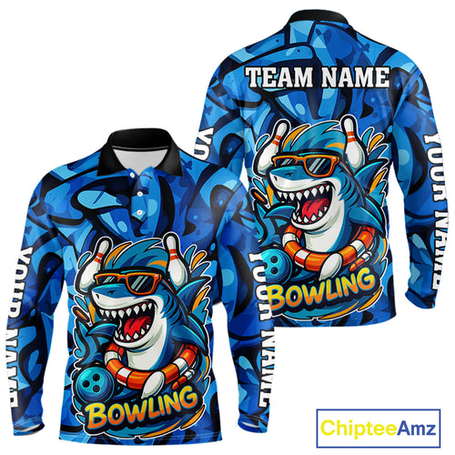 Funny Blue Camo Shark Men Bowling Polo, Quarter Zip Shirts Custom Team Shark Bowling Outfit Jersey NQS9816