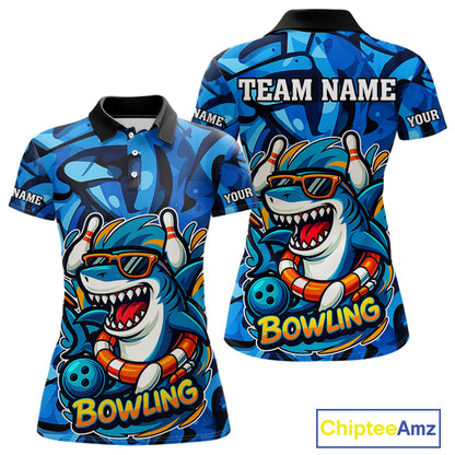 Funny Blue Camo Shark Women Bowling Polo, Quarter Zip Shirts Custom Team Shark Bowling Outfit Jersey NQS9816