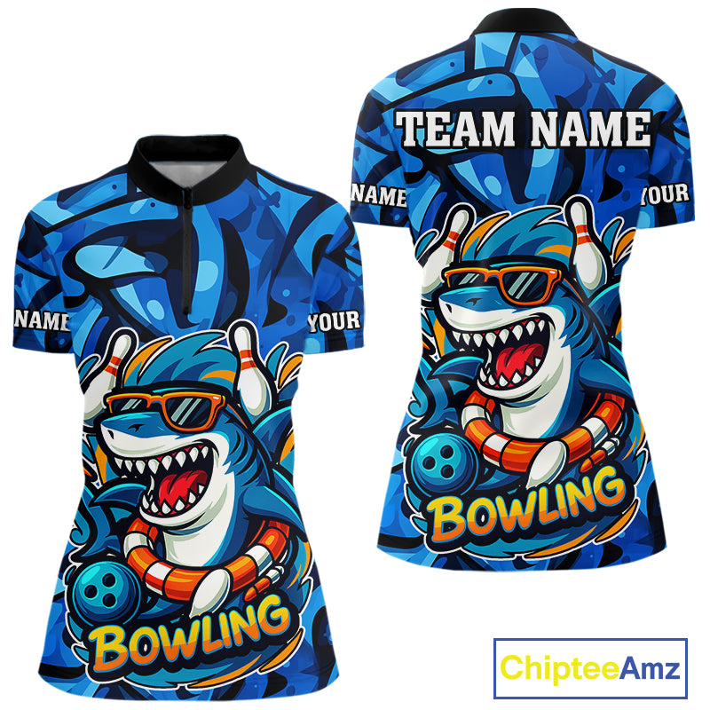 Funny Blue Camo Shark Women Bowling Polo, Quarter Zip Shirts Custom Team Shark Bowling Outfit Jersey NQS9816