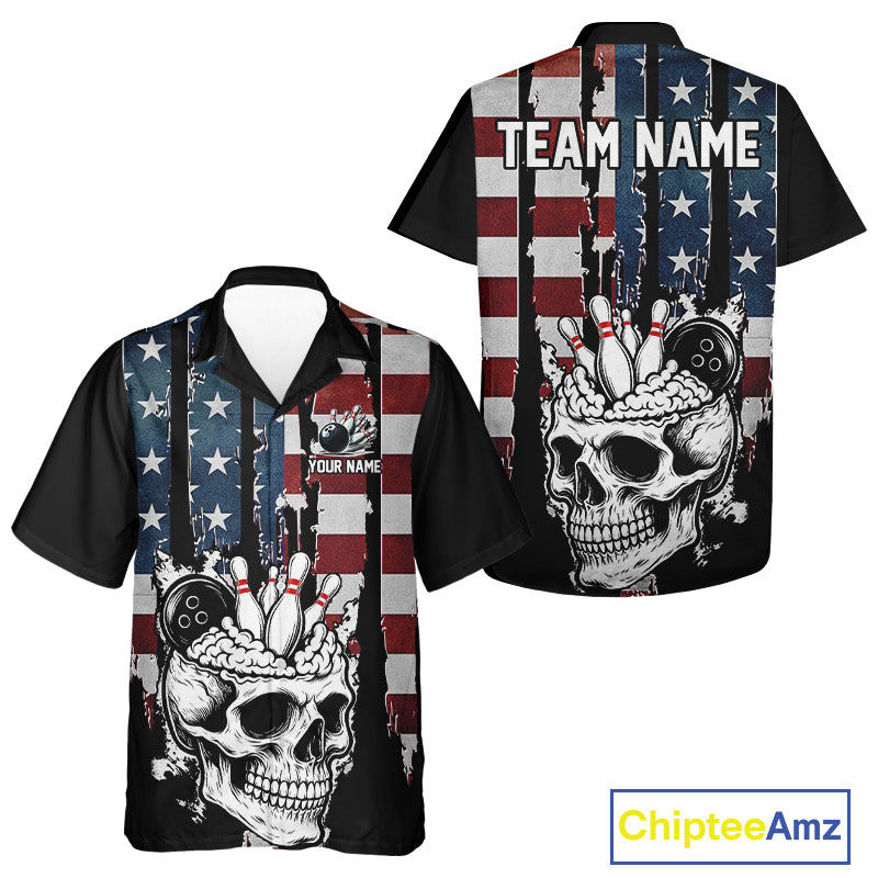 Vintage American Flag retro skull bowling Hawaiian Shirt Custom patriotic Bowling Team Outfit NQS10048