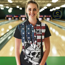 Load image into Gallery viewer, Vintage American Flag retro skull bowling shirts for Women Custom patriotic Bowling Team Outfit NQS10048