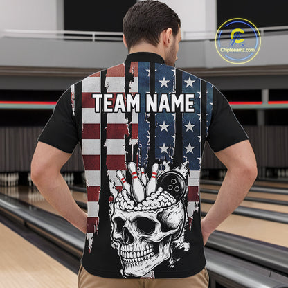 Vintage American Flag retro skull bowling shirts for Men Custom patriotic Bowling Team Outfit NQS10048
