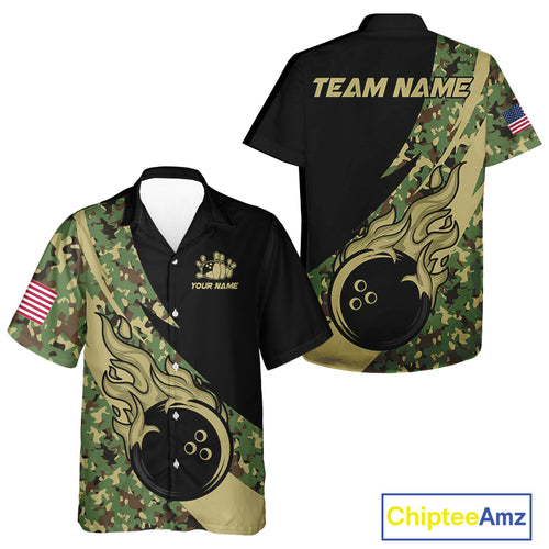 Bowling Hawaiian Shirt Custom green camo bowling team button up shirt, gift for team Bowlers NQS10053