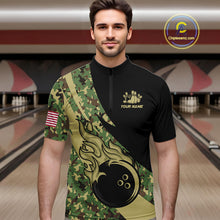 Load image into Gallery viewer, Mens bowling polo, quarter zip shirts Custom green camo bowling team jerseys, gift for team Bowlers NQS10053