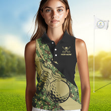 Load image into Gallery viewer, Women Sleeveless polos shirt flame golf Custom green camo ladies Golf attire, personalized golf gifts NQS10052
