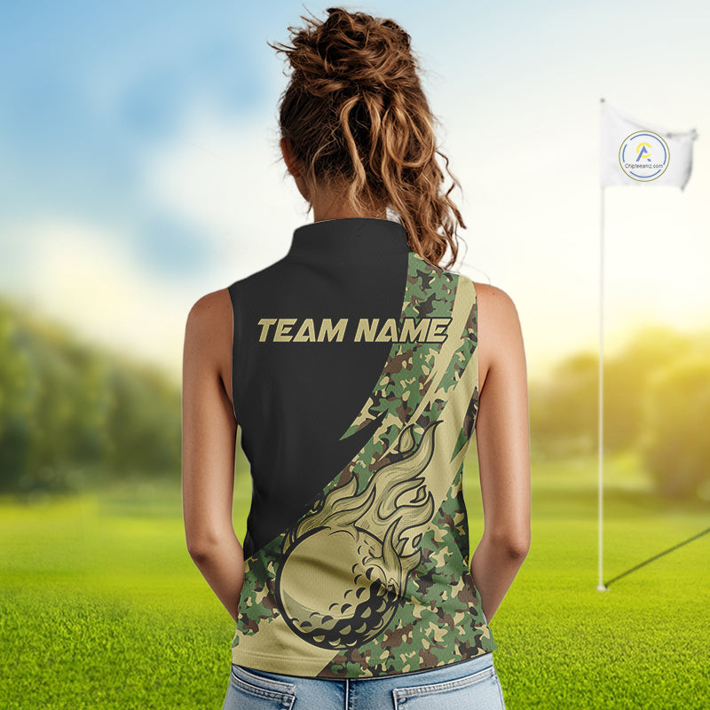 Women Sleeveless polos shirt flame golf Custom green camo ladies Golf attire, personalized golf gifts NQS10052