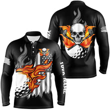 Load image into Gallery viewer, Black and white American flag flame skull Men golf polo shirts custom patriotic men's golf clothing NQS8395
