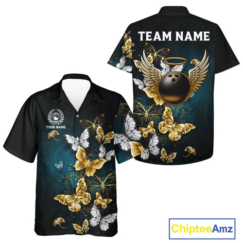 Custom Gold Butterflies Bowling Hawaiian Shirt, Personalized Team Bowling Button-up Shirts NQS10577