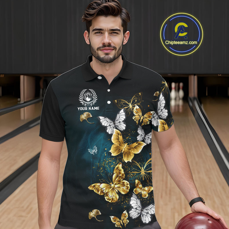 Custom Gold Butterflies Bowling Shirts For Men, Personalized Team Bowling Polo & Quarter-Zip Shirts NQS10577