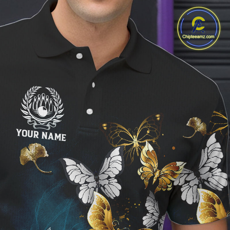 Custom Gold Butterflies Bowling Shirts For Men, Personalized Team Bowling Polo & Quarter-Zip Shirts NQS10577