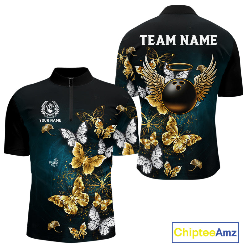 Custom Gold Butterflies Bowling Shirts For Men, Personalized Team Bowling Polo & Quarter-Zip Shirts NQS10577