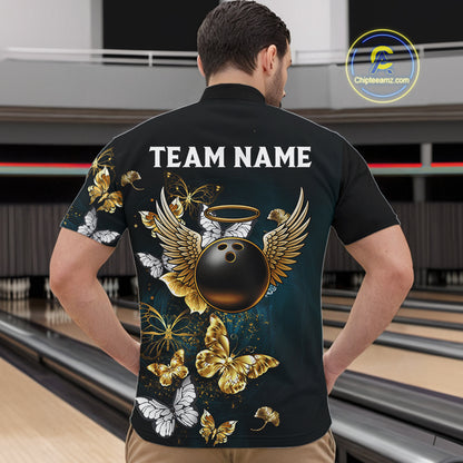 Custom Gold Butterflies Bowling Shirts For Men, Personalized Team Bowling Polo & Quarter-Zip Shirts NQS10577