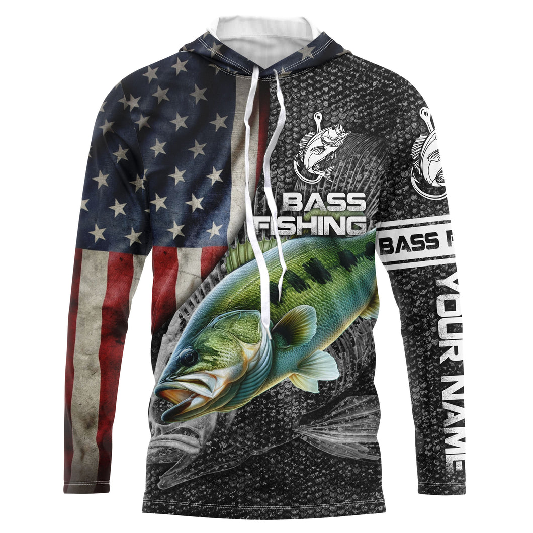 Largemouth Bass fishing American flag custom skull fishing shirts for men Performance Long Sleeve NQS1085