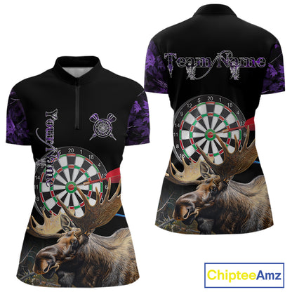 Personalized Black and Purple Camo Moose Darts Shirts For Women Custom Darts Team Jerseys NQS10976
