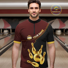 Load image into Gallery viewer, Red and Gold Bowling shirts for men Custom Team Bowling Polo, 1/4 zip Shirt bowlers Outfit NQS10973