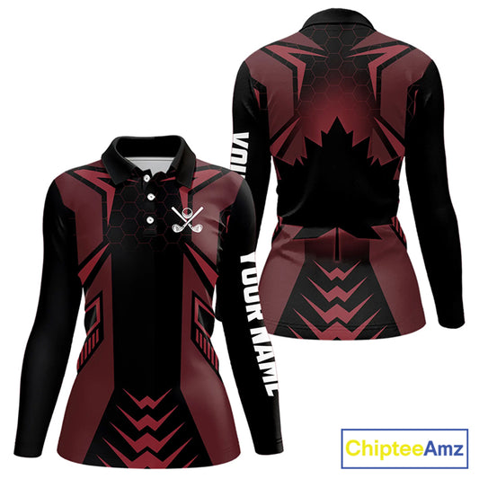 Black and Red Canadian Flag Womens Golf Polo Shirts Custom Patriotic Golf Gifts For Women NQS9096