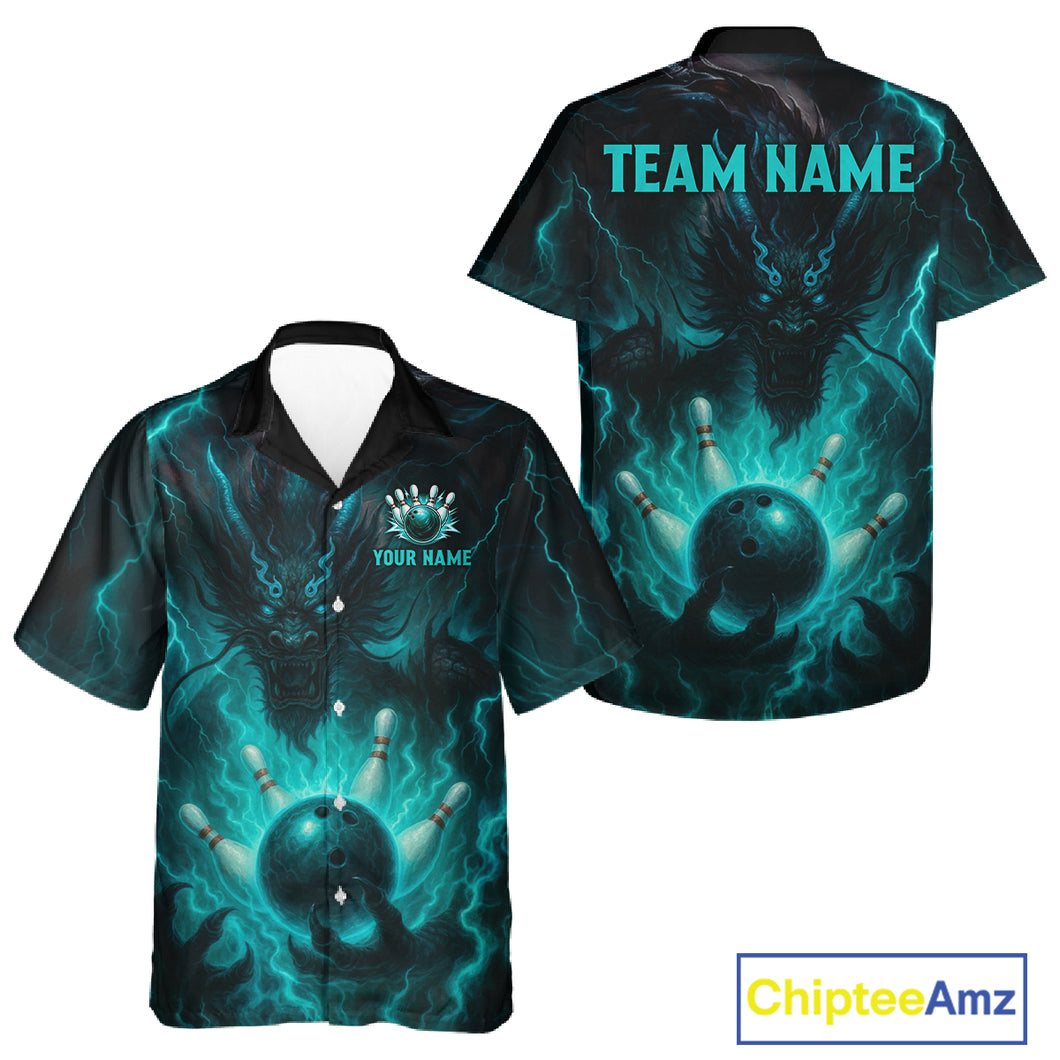 Personalized Black and Turquoise Flame Lightning Dragon Bowling Hawaiian Shirt, Team Bowling Jersey NQS11168