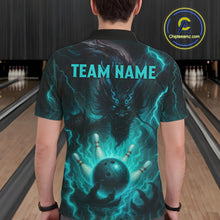 Load image into Gallery viewer, Personalized Black and Turquoise Flame Lightning Dragon Bowling Shirts For Men, Team Bowling Jerseys NQS11168