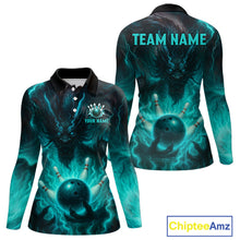 Load image into Gallery viewer, Personalized Black and Turquoise Flame Lightning Dragon Bowling Shirts For Women, Team Bowling Jersey NQS11168