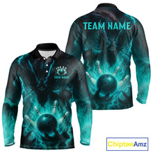 Load image into Gallery viewer, Personalized Black and Turquoise Flame Lightning Dragon Bowling Shirts For Men, Team Bowling Jerseys NQS11168