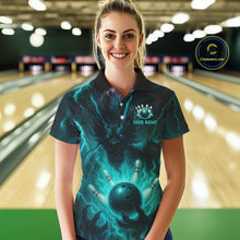 Load image into Gallery viewer, Personalized Black and Turquoise Flame Lightning Dragon Bowling Shirts For Women, Team Bowling Jersey NQS11168
