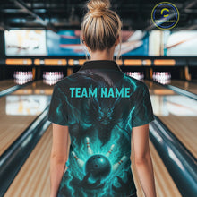 Load image into Gallery viewer, Personalized Black and Turquoise Flame Lightning Dragon Bowling Shirts For Women, Team Bowling Jersey NQS11168