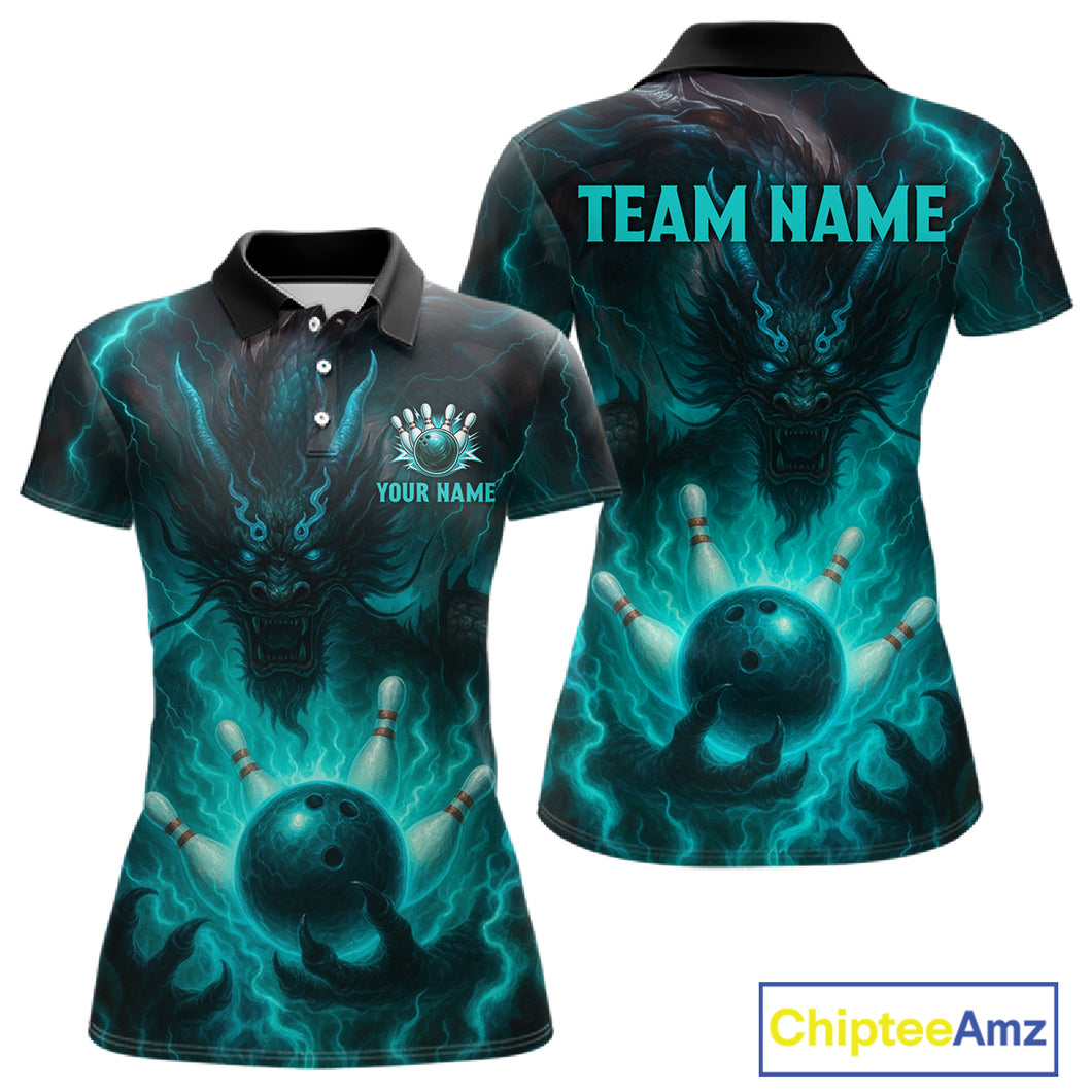Personalized Black and Turquoise Flame Lightning Dragon Bowling Shirts For Women, Team Bowling Jersey NQS11168