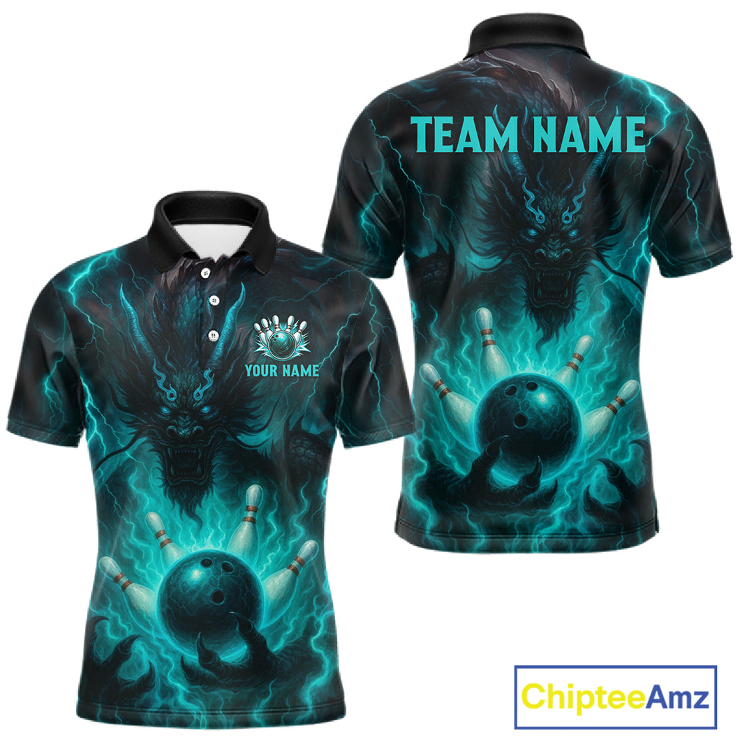 Personalized Black and Turquoise Flame Lightning Dragon Bowling Shirts For Men, Team Bowling Jerseys NQS11168
