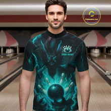Load image into Gallery viewer, Personalized Black and Turquoise Flame Lightning Dragon Bowling Shirts For Men, Team Bowling Jerseys NQS11168